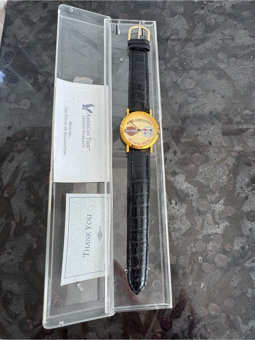 Harley-Davidson Gold-Tone Round Watch with Black Leather Strap